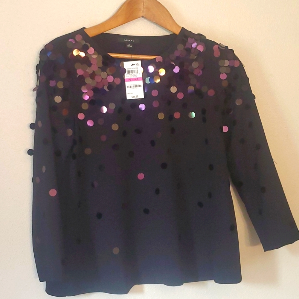 Alfani Petite Long Sleeve Blouse with Metallic Circle Embellishments